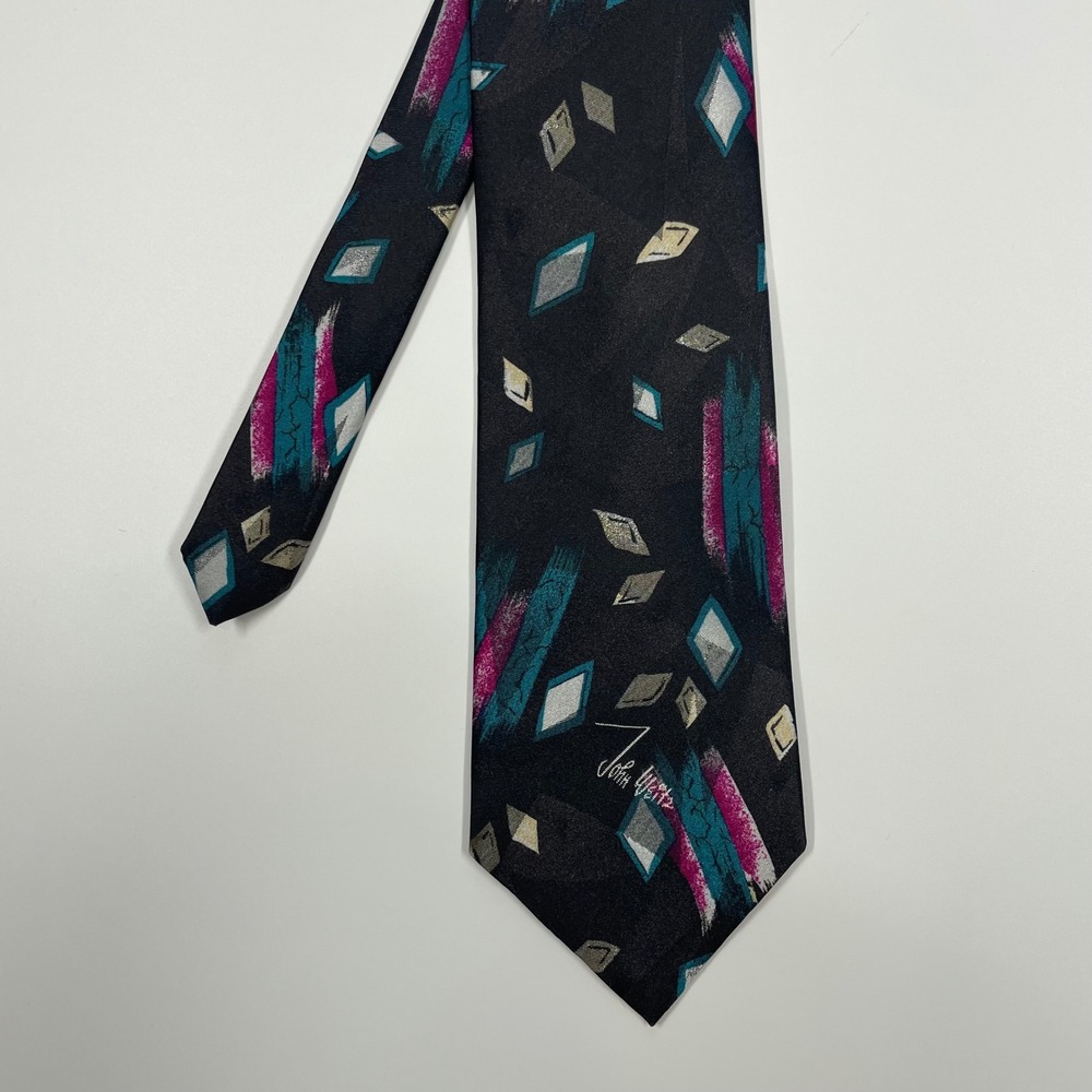 John Weitz Black Teal Magenta Geometric Abstract Necktie Mens OS